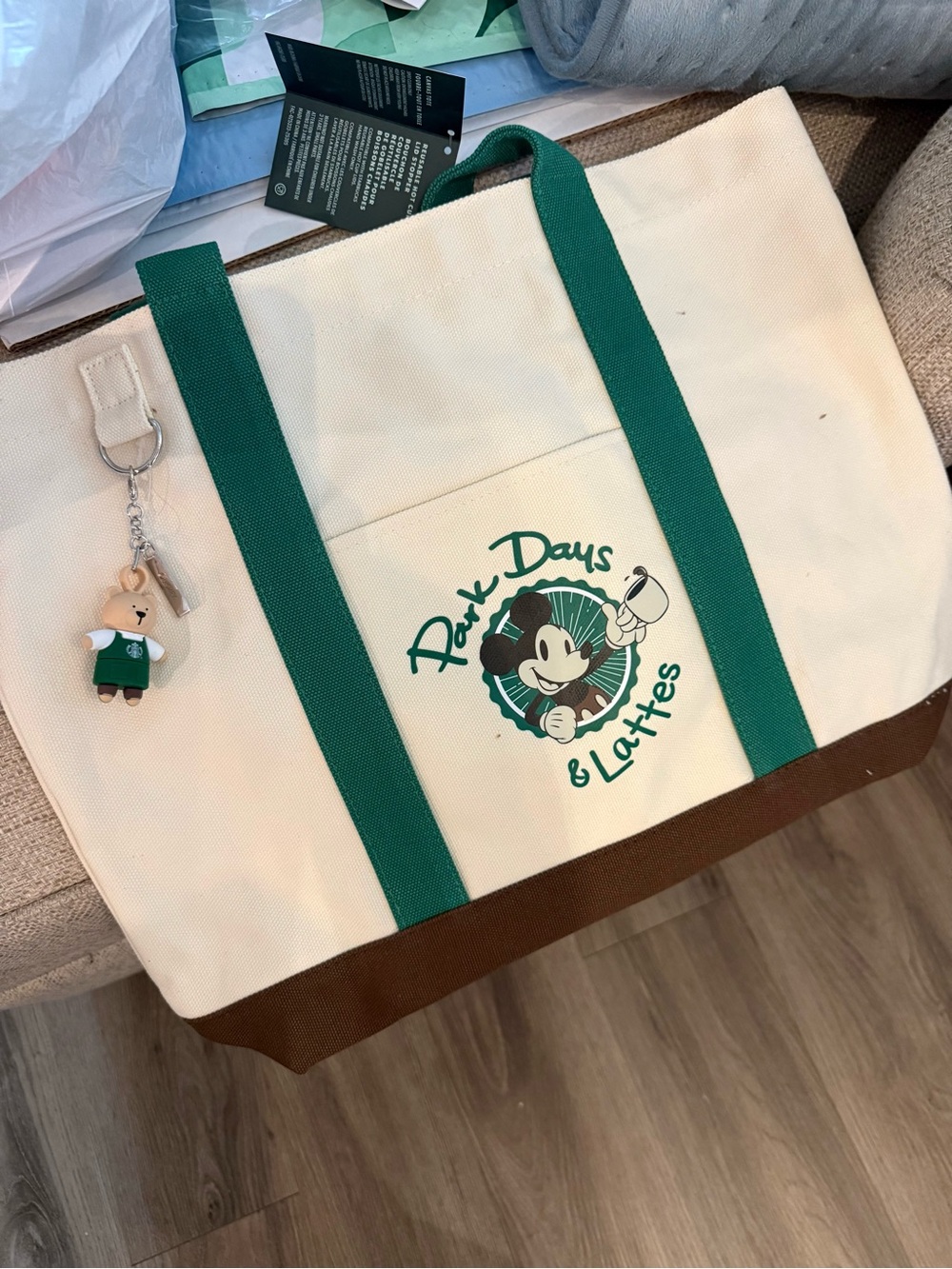 Starbucks and Disney Canvas Tote Bag with Green Straps and Brown Base -